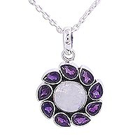 Amethyst and rainbow moonstone pendant necklace, 'Floral Windmill' - Amethyst and Rainbow Moonstone Pendant Necklace from India