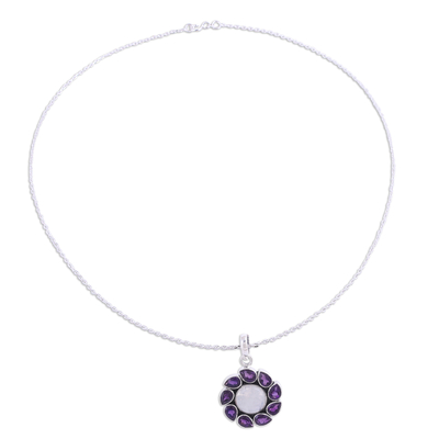 Amethyst and rainbow moonstone pendant necklace, 'Floral Windmill' - Amethyst and Rainbow Moonstone Pendant Necklace from India