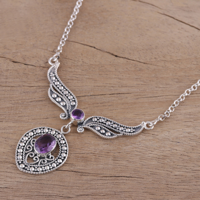 Amethyst pendant necklace, 'Purple Wings' - Faceted Amethyst and Silver Pendant Necklace from India