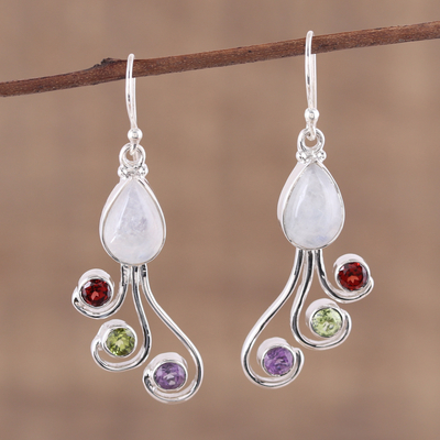Multi-gemstone dangle earrings, 'Colorful Shower' - Multi-Gemstone and Silver Dangle Earrings from India