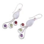 Multi-gemstone dangle earrings, 'Colorful Shower' - Multi-Gemstone and Silver Dangle Earrings from India