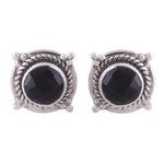 Onyx button earrings, 'Bubbly Gleam' - Black Onyx and Sterling Silver Button Earrings from India