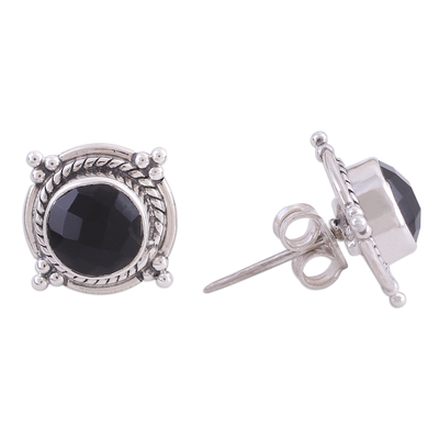 Onyx button earrings, 'Bubbly Gleam' - Black Onyx and Sterling Silver Button Earrings from India