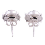 Onyx button earrings, 'Bubbly Gleam' - Black Onyx and Sterling Silver Button Earrings from India