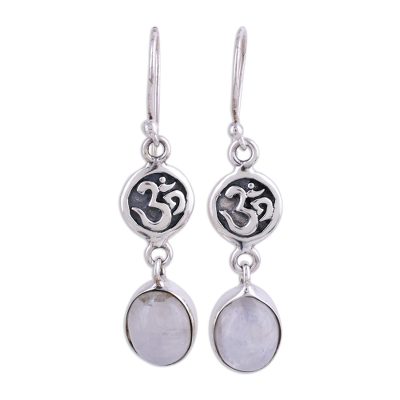 Rainbow moonstone dangle earrings, 'Healing Om' - Om Symbol Earrings with Rainbow Moonstone