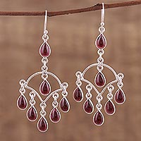 Garnet chandelier earrings, 'Majestic Raindrops' - Garnet and Sterling Silver Chandelier Earrings from India