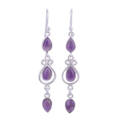 Amethyst dangle earrings, 'Mellow Drops' - Amethyst Link Dangle Earrings from India
