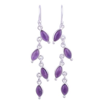 Amethyst dangle earrings, 'Fascinating Leaves' - Amethyst and Silver Linked Dangle Earrings from India