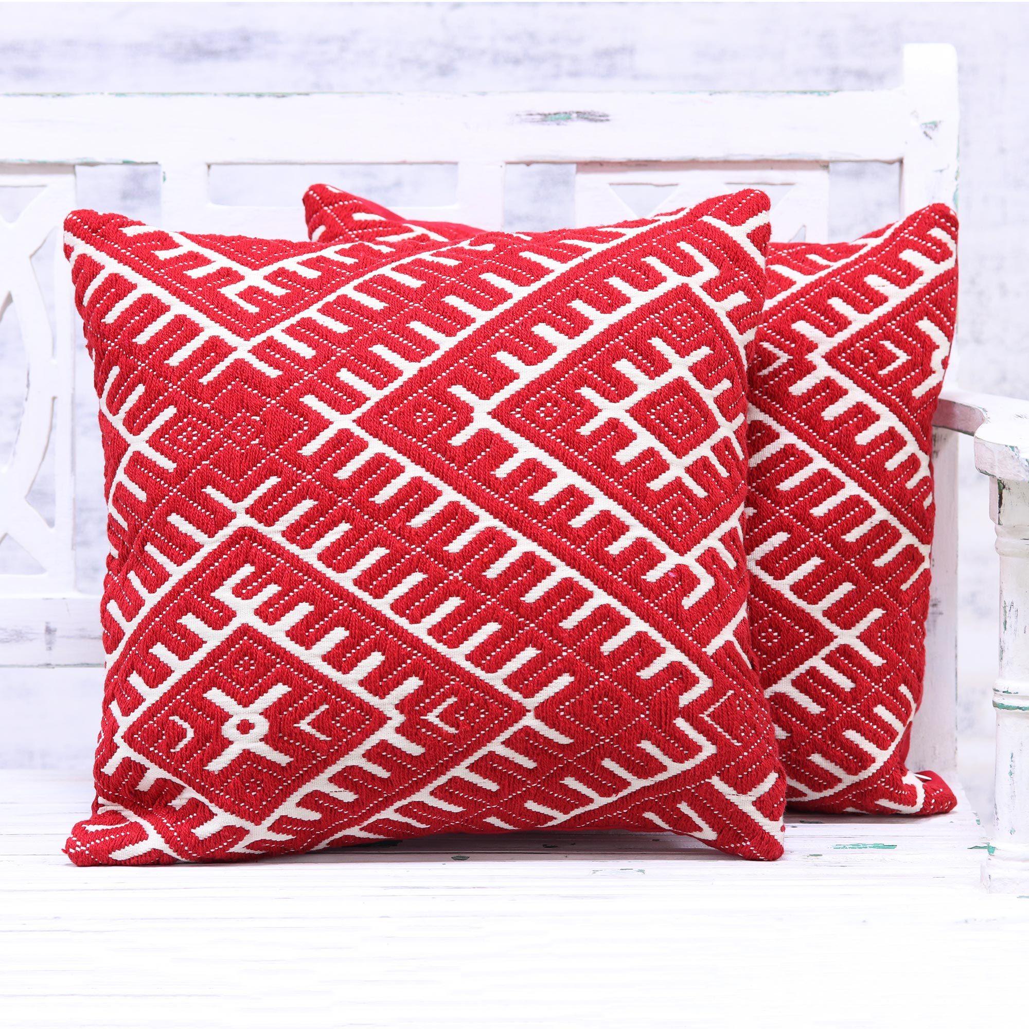 Red and Ivory Cotton Blend Cushion Covers (Pair) Eccentric Flair NOVICA