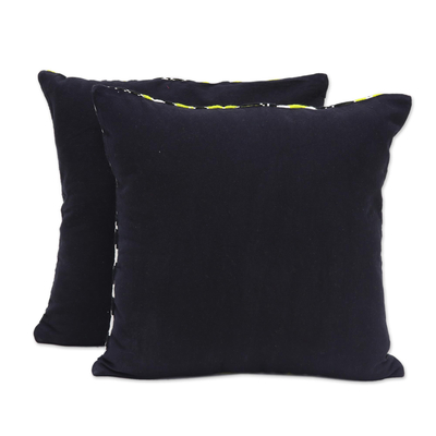 Cotton blend cushion covers, 'Lemon Bright' (pair) - Woven Geometric Diamond Motif Cushion Covers (Pair)