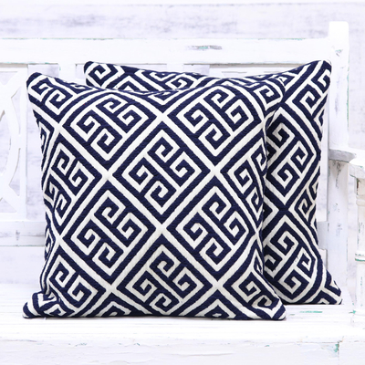 Blue And White Geometric Cotton Blend Cushion Covers Pair Greek Key Novica