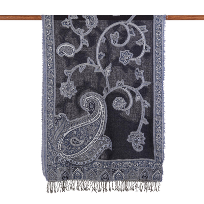 Wool jamawar shawl, 'Alluring Lapis' - Artisan Handmade 100% Wool Reversible Floral Shawl India
