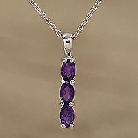 Rhodium plated amethyst pendant necklace, 'Violet Trinity' - Amethyst Rhodium Plated Sterling Silver Pendant Necklace