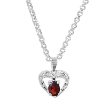 Rhodium Plated Heart Pendant Necklace with Garnet