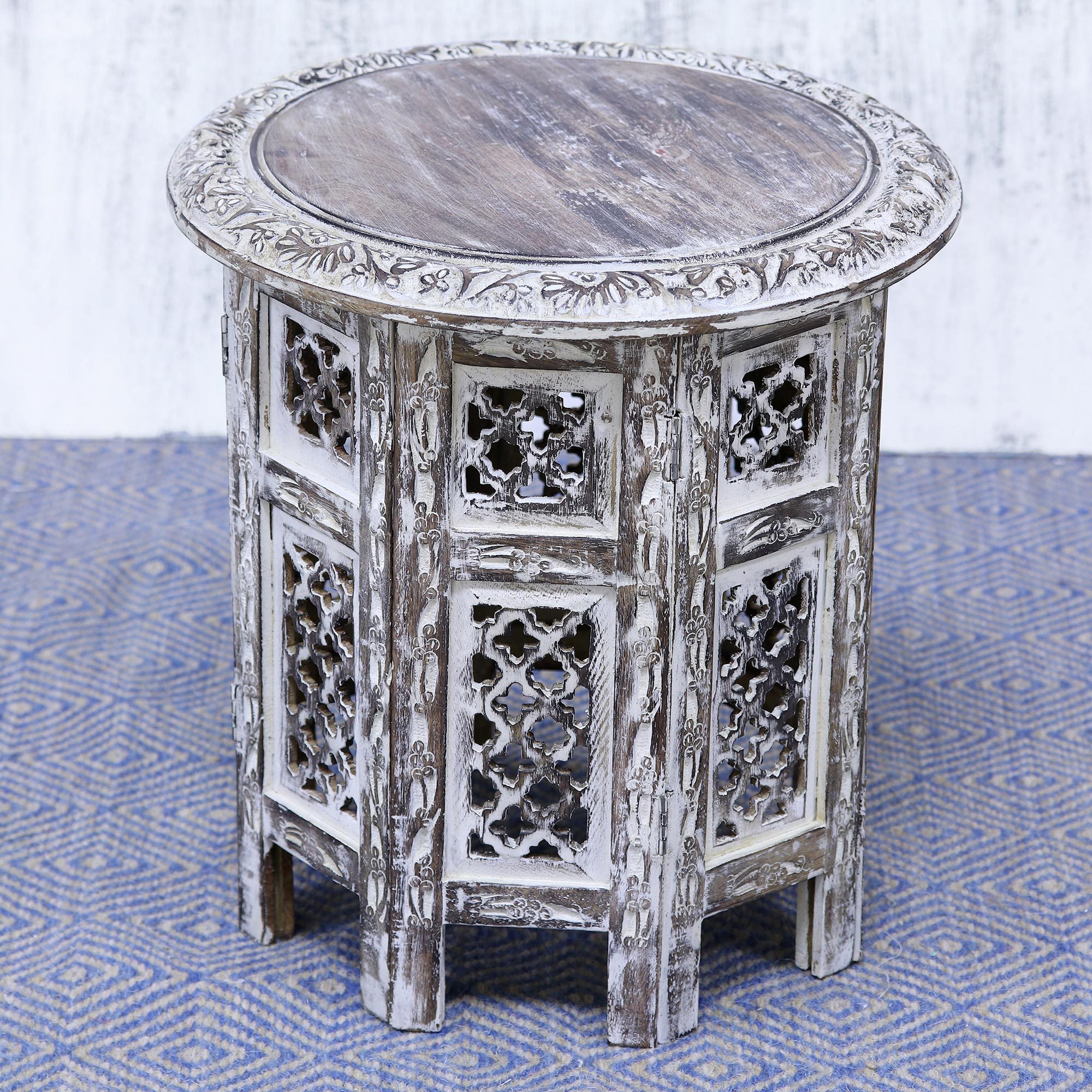 Handmade Whitewashed Mango Wood Jali Accent Table from India,