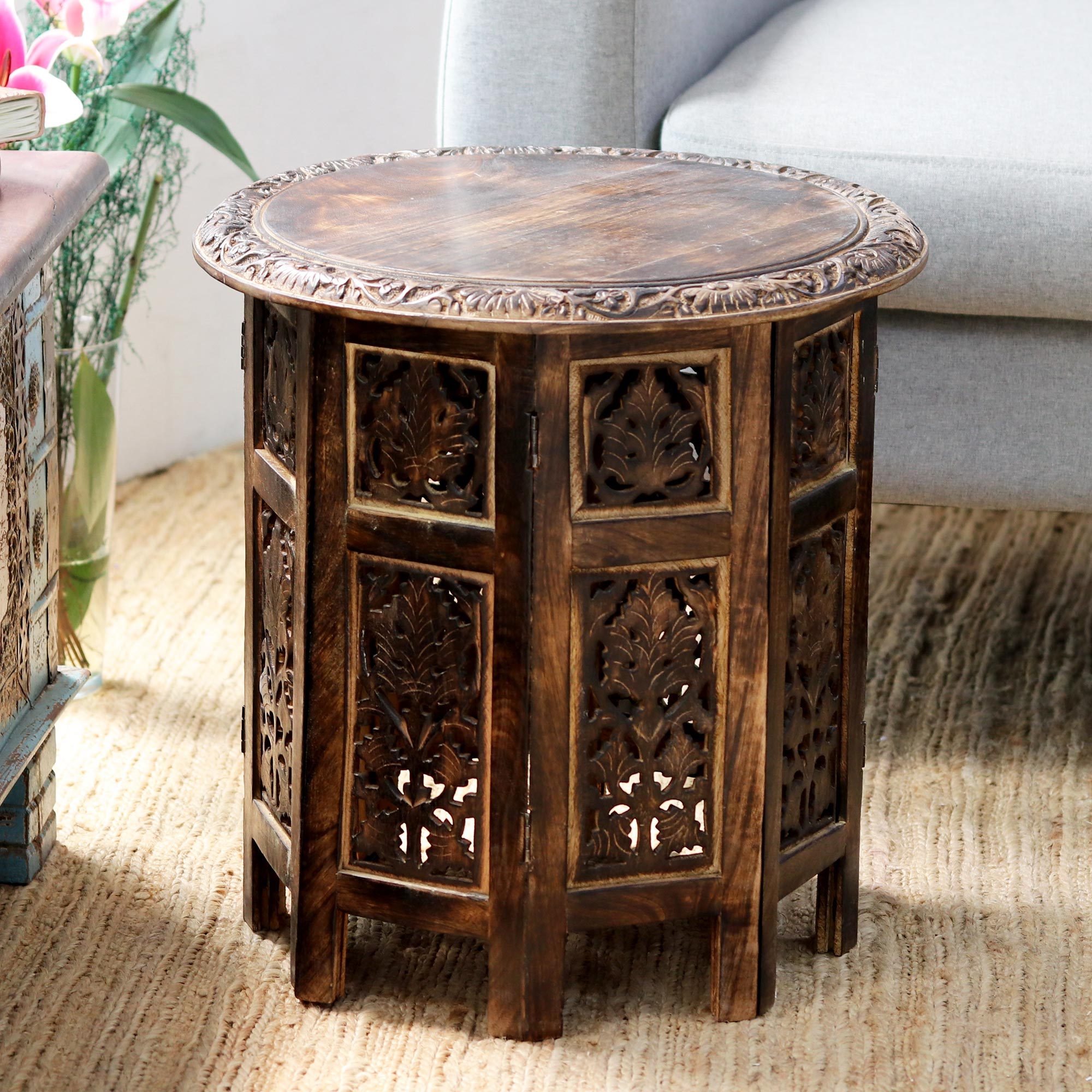 Rustic Hand Carved Mango Wood Accent Table Kashmir Valley NOVICA