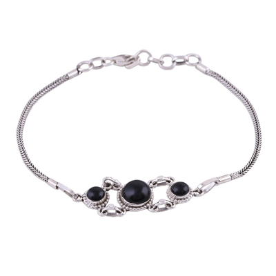 Onyx pendant bracelet, 'Bridge to Delhi' - Onyx Pendant Bracelet with Sterling Silver Foxtail Chain