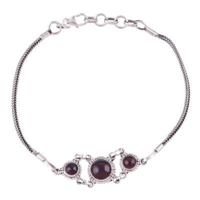 Garnet pendant bracelet, 'Bridge to Delhi' - Garnet Cabochon Pendant Bracelet in Sterling Silver