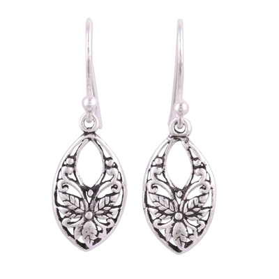 Leaf and Flower Themed Sterling Silver Dangle Earrings