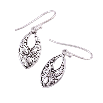 Sterling silver dangle earrings, 'Bygone Flowers' - Leaf and Flower Themed Sterling Silver Dangle Earrings