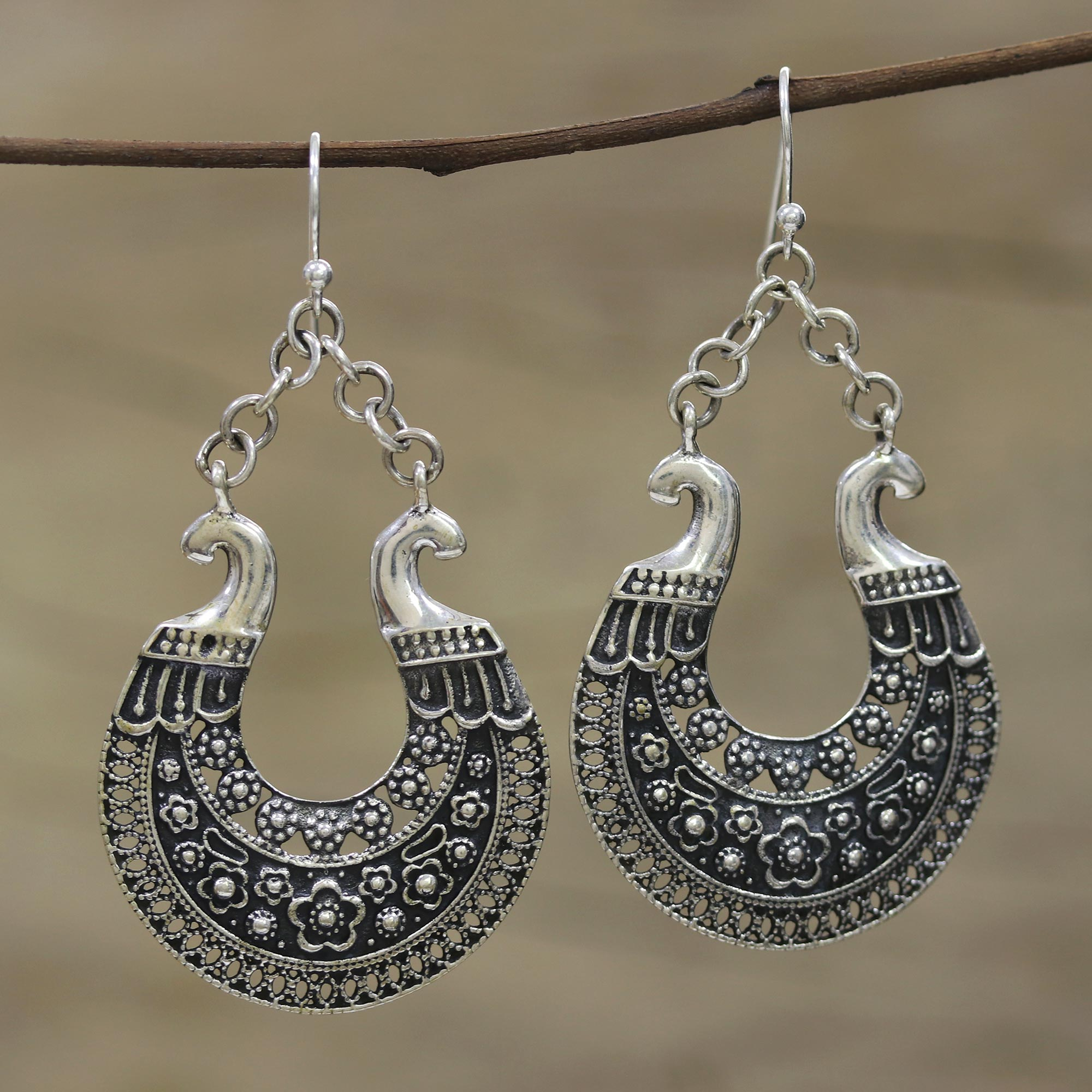Hand Crafted Indian Jali Sterling Silver Dangle Earrings - Floral Jali ...