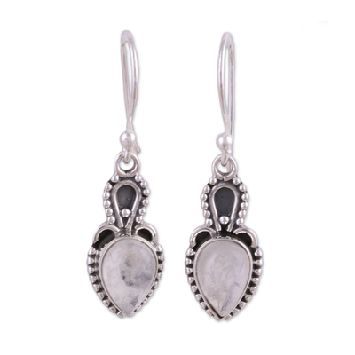 Rainbow moonstone dangle earrings, 'Earthly Crown' - Rainbow Moonstone Cabochon and Sterling Silver Earrings