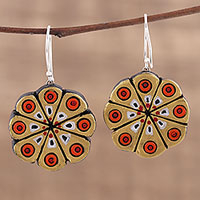 Ceramic dangle earrings, 'Golden Floral Abstraction' - Hand Crafted Ceramic Dangle Earrings from India