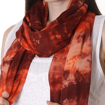 Tie-dyed cotton shawl, 'Fusion' - 100% Cotton Shibori Dyed Orange and Umber Light-Weight Shawl
