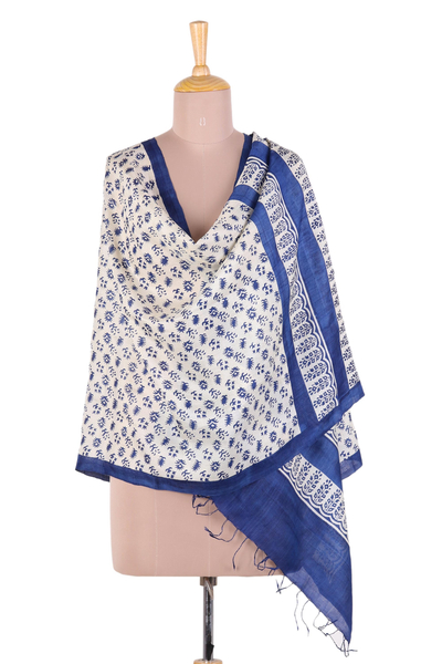 Silk shawl, 'Joy Blossoms' - Hand Block Printed Woven Ivory and Blue Floral Silk Shawl