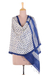 Silk shawl, 'Joy Blossoms' - Hand Block Printed Woven Ivory and Blue Floral Silk Shawl