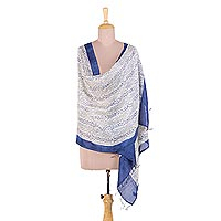 Silk shawl, 'Forest of Bengal' - Handwoven Indigo and Ivory Patterned Indian Silk Shawl