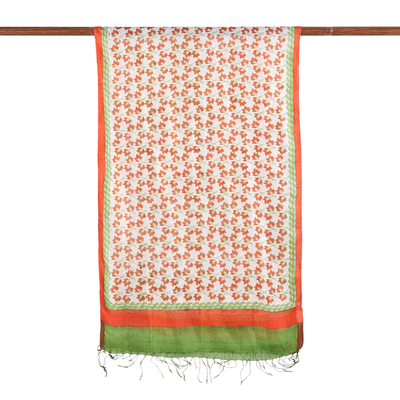 Silk shawl, 'Autumn Leaves' - Hand Woven Block Printed Indian Silk Shawl Autumn Leaves
