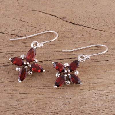 Rhodium plated garnet dangle earrings, 'Twinkling Scarlet' - Garnet Earrings Set in Rhodium Plated Sterling Silver