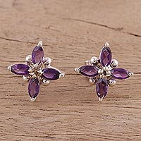 Rhodium plated amethyst button earrings, 'Gentian Blossom'