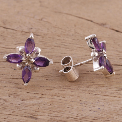 Rhodium plated amethyst button earrings, 'Gentian Blossom' - Floral Motif Amethyst Button Earrings from India