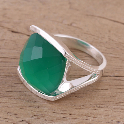 Onyx cocktail ring, 'Verdant Depths' - Faceted Green Onyx Cocktail Ring in Sterling Silver