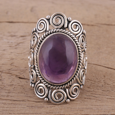 Amethyst cocktail ring, 'Twilight Reverie' - Amethyst Cabochon Cocktail Ring in Sterling Silver