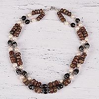 Unakite and cultured pearl strand necklace, 'Terra Firma' - Unakite and Cultured Pearl Necklace with Smoky Quartz