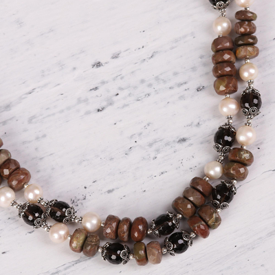 Unakite and cultured pearl strand necklace, 'Terra Firma' - Unakite and Cultured Pearl Necklace with Smoky Quartz