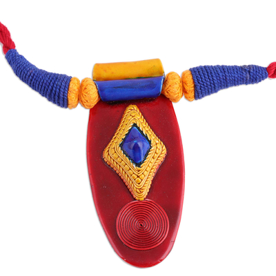 Ceramic pendant necklace, 'Festival of Colors' - Red Ceramic and Cotton Pendant Necklace from India