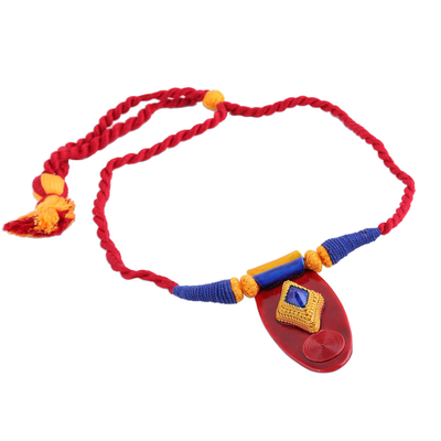 Ceramic pendant necklace, 'Festival of Colors' - Red Ceramic and Cotton Pendant Necklace from India