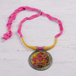 Ceramic pendant necklace, 'Water Blossoms' - Floral Ceramic and Cotton Pendant Necklace from India