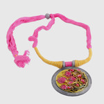 Ceramic pendant necklace, 'Water Blossoms' - Floral Ceramic and Cotton Pendant Necklace from India