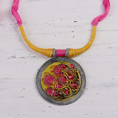 Ceramic pendant necklace, 'Water Blossoms' - Floral Ceramic and Cotton Pendant Necklace from India