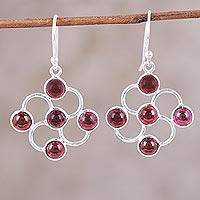 Garnet dangle earrings, 'Blooming Scarlet' - Garnet Cabochon and Sterling Silver Dangle Earrings