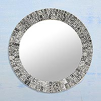 Glass mosaic wall mirror, 'Onyx Glare' - Hand Crafted Silver and Black Mosaic Tile Round Wall Mirror