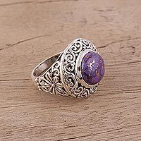 Anillo de cóctel de plata de ley - Anillo Cocktail Morado y Plata de Ley con Motivo Floral