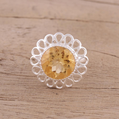 Citrine cocktail ring, 'Golden Floret' - Citrine and Sterling Silver Floral Cocktail Ring from India