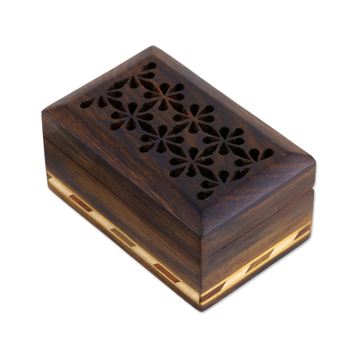 Decorative wood box, 'Flower Path' - Hand Crafted Wood Box with Jali and Inlay Motifs