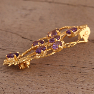 Gold plated amethyst brooch, 'Golden Lilac' - 22k Gold Plated 7 Carat Amethyst Handcrafted Lilac Brooch